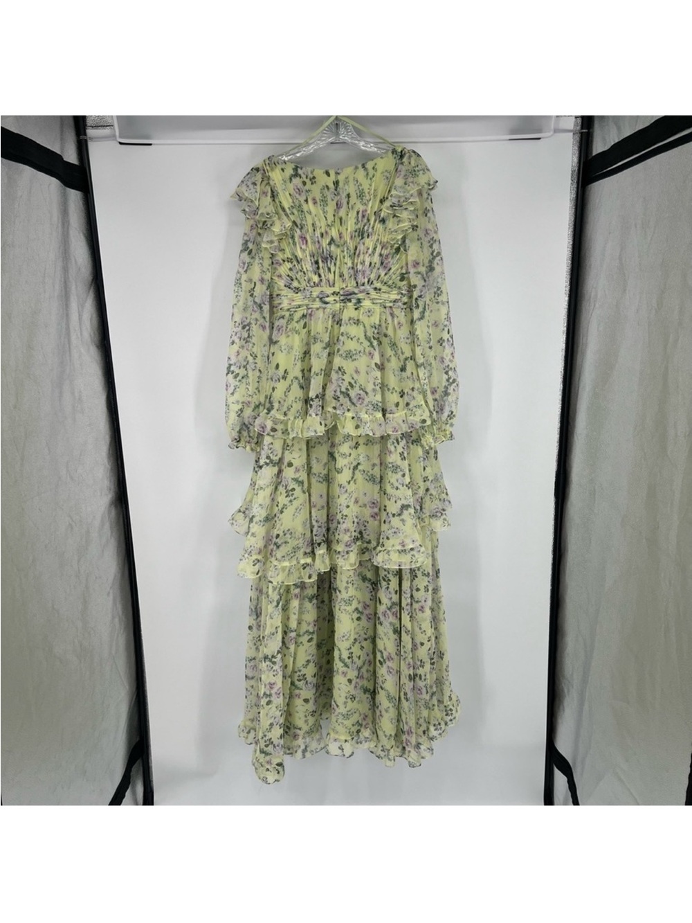 Mac Duggal Pale Green Floral V Neck Ruffled Chiffon Maxi Dress Evening Gown 8 - Picture 9 of 9